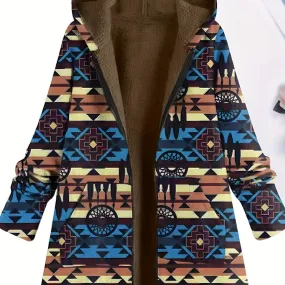 Plus Size southwestern Coat, Women's Plus Native American Print Liner Fleece Long Sleeve Zipper Hooded  Coat With Pockets