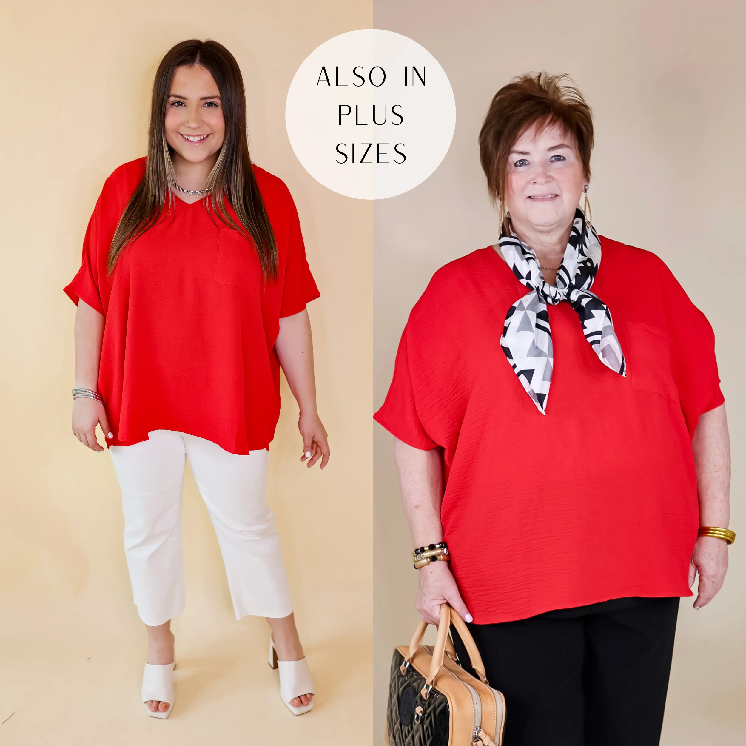 Plus Sizes | Try To Resist Short Sleeve V Neck Top with Front Pocket in Red