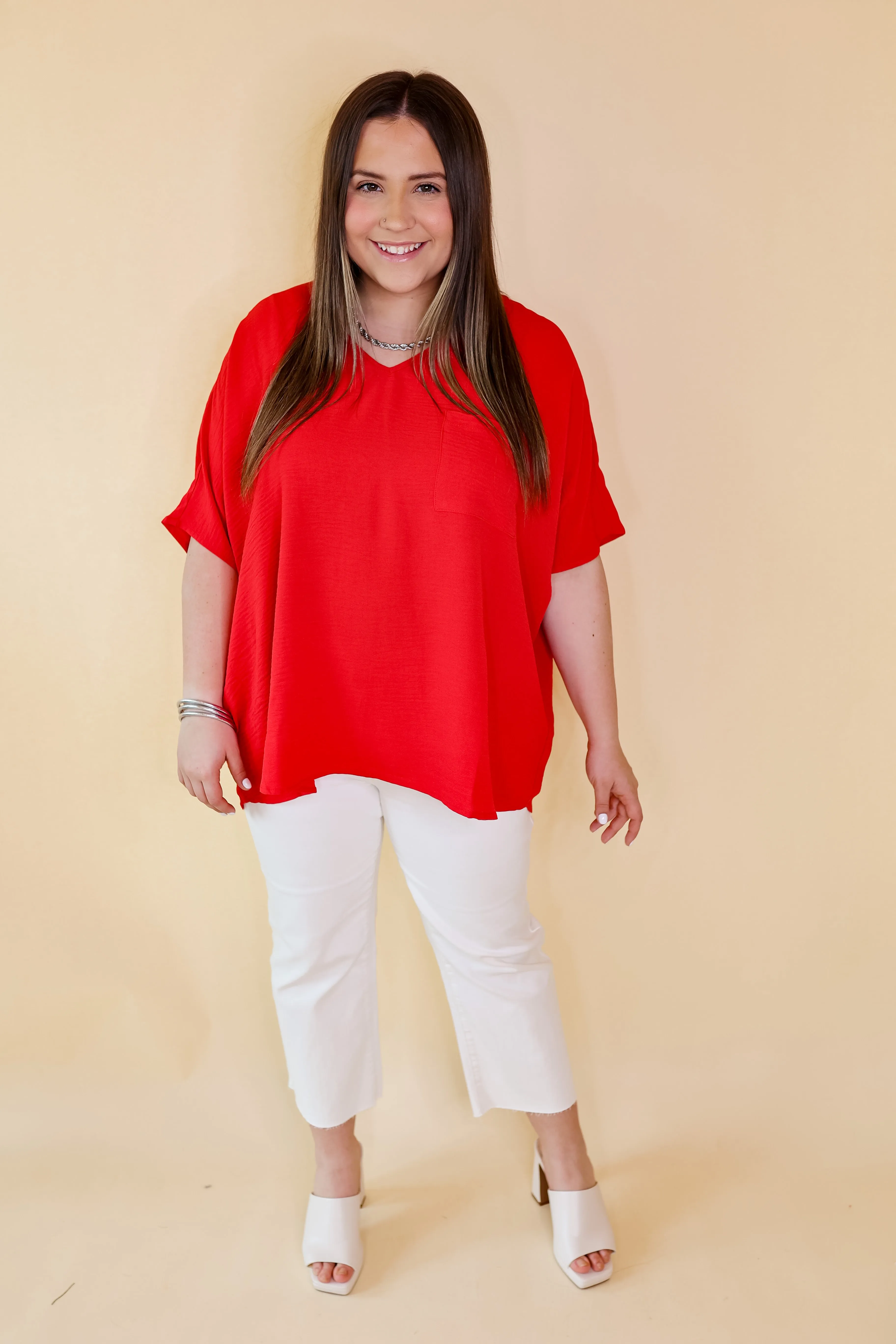 Plus Sizes | Try To Resist Short Sleeve V Neck Top with Front Pocket in Red