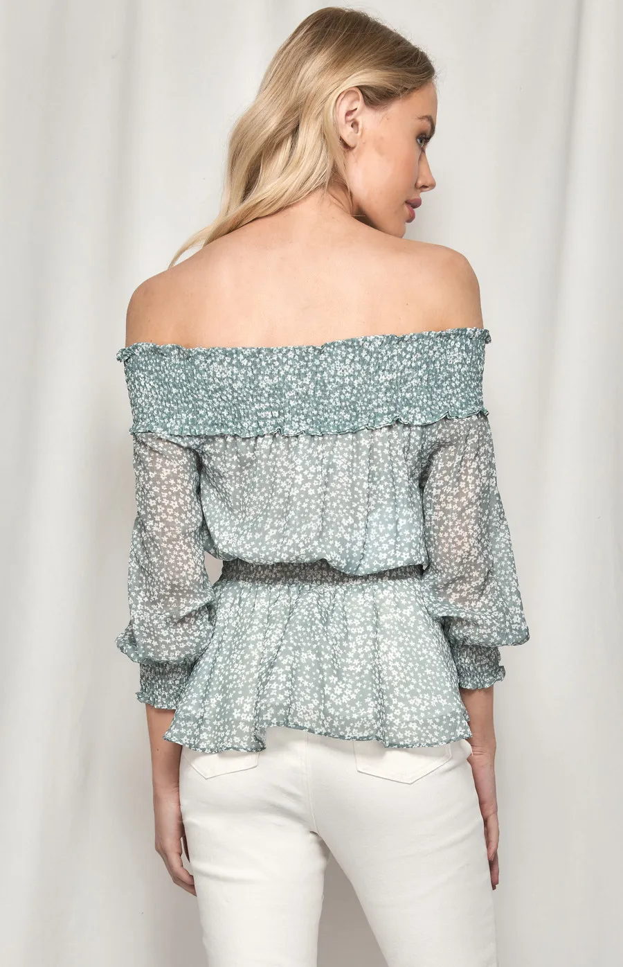 Printed Off the Shoulder Top with Shirred Details (STO421B)