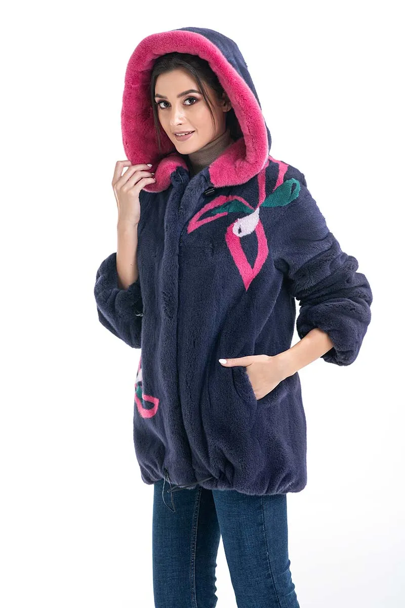 Purple Floral Patterned Genuine Hooded Mink Fur Coat