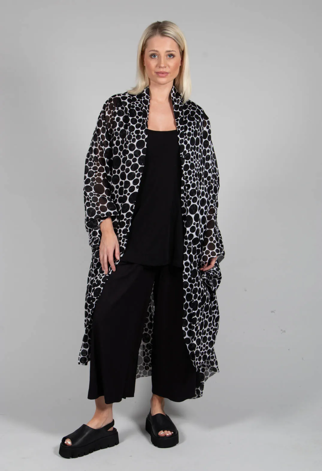 Sheer Batwing Coat in White with Black Pois