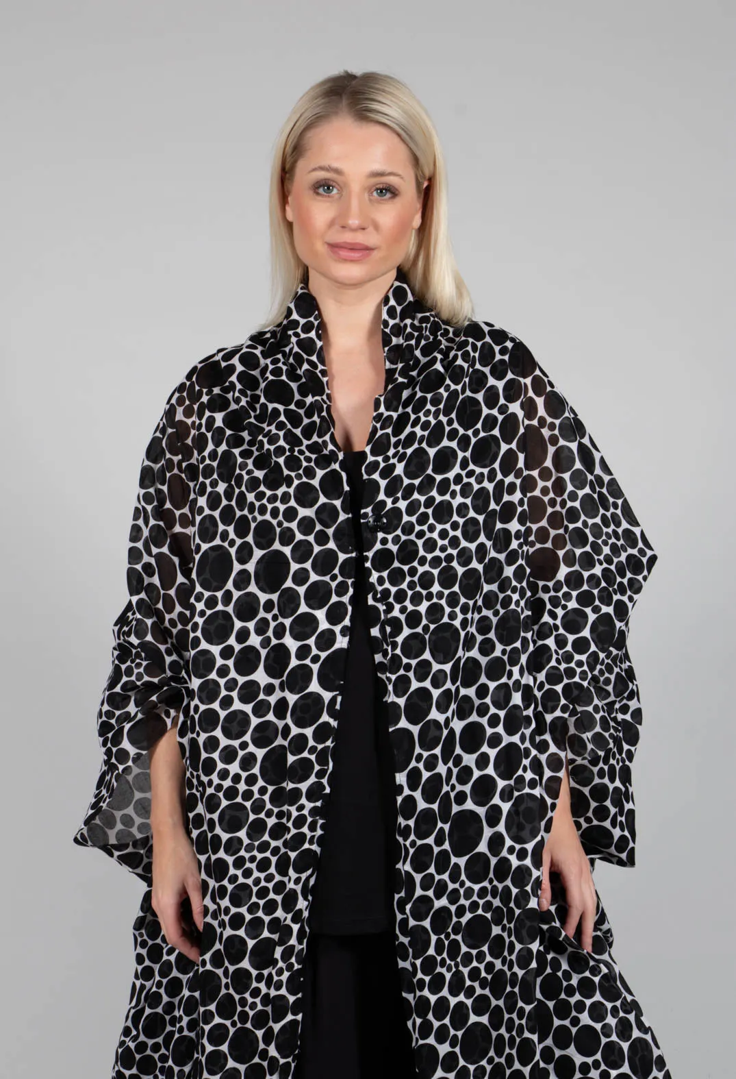 Sheer Batwing Coat in White with Black Pois