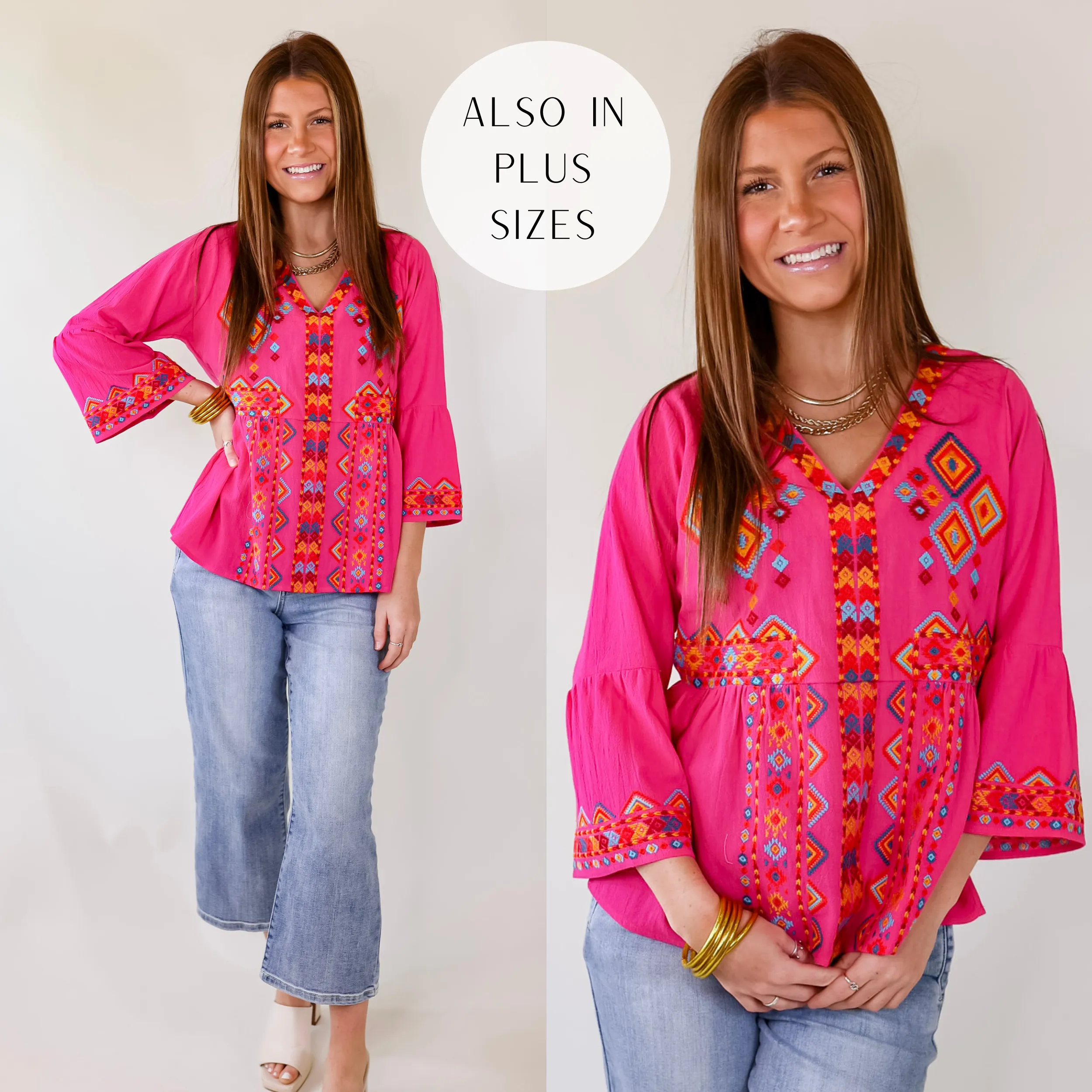 The Party Has Arrived 3/4 Sleeve V Neck Top With Embroidered Tribal Print in Pink