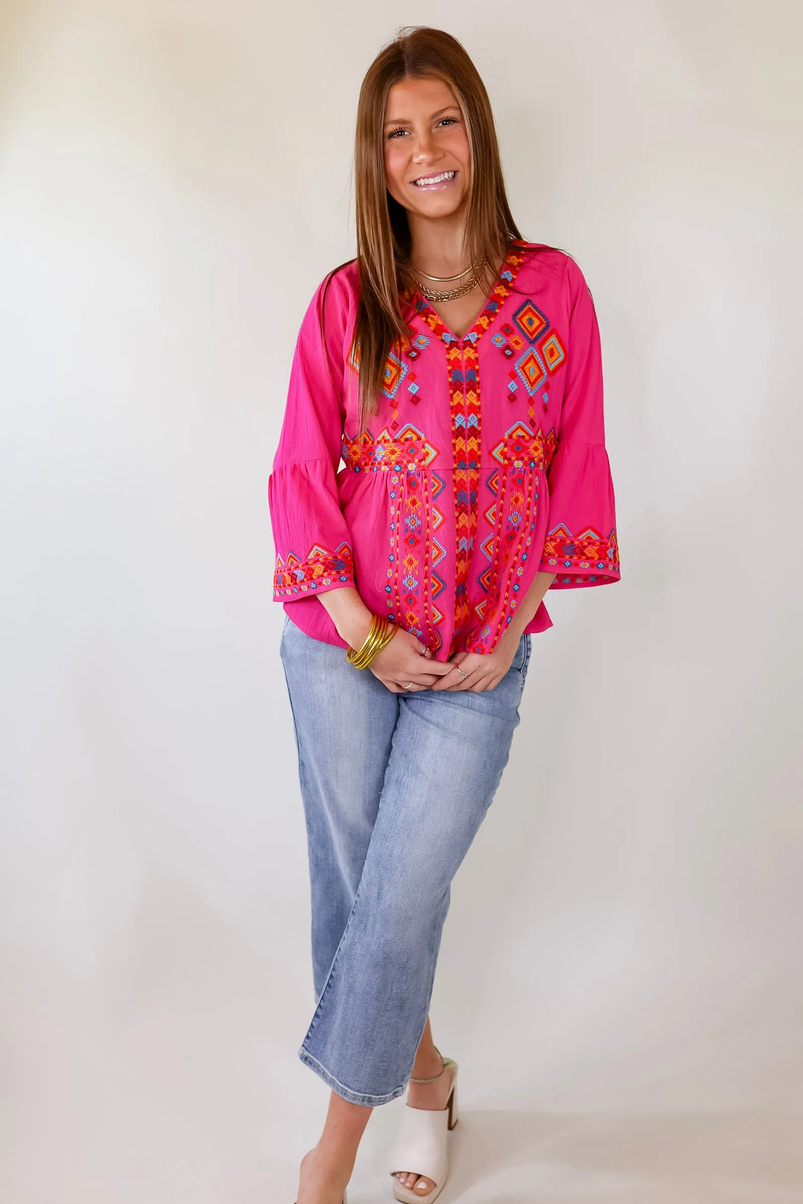 The Party Has Arrived 3/4 Sleeve V Neck Top With Embroidered Tribal Print in Pink