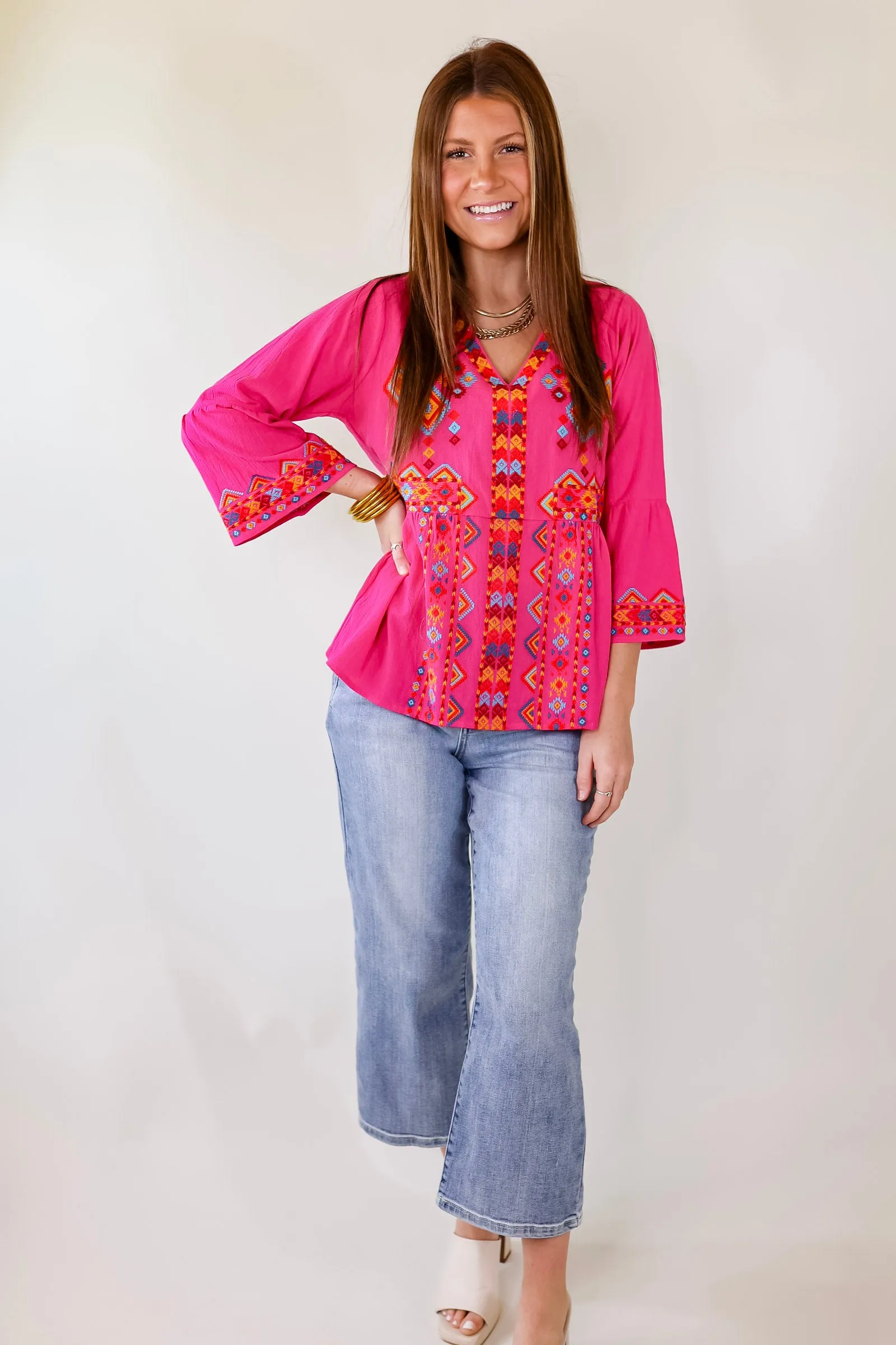 The Party Has Arrived 3/4 Sleeve V Neck Top With Embroidered Tribal Print in Pink