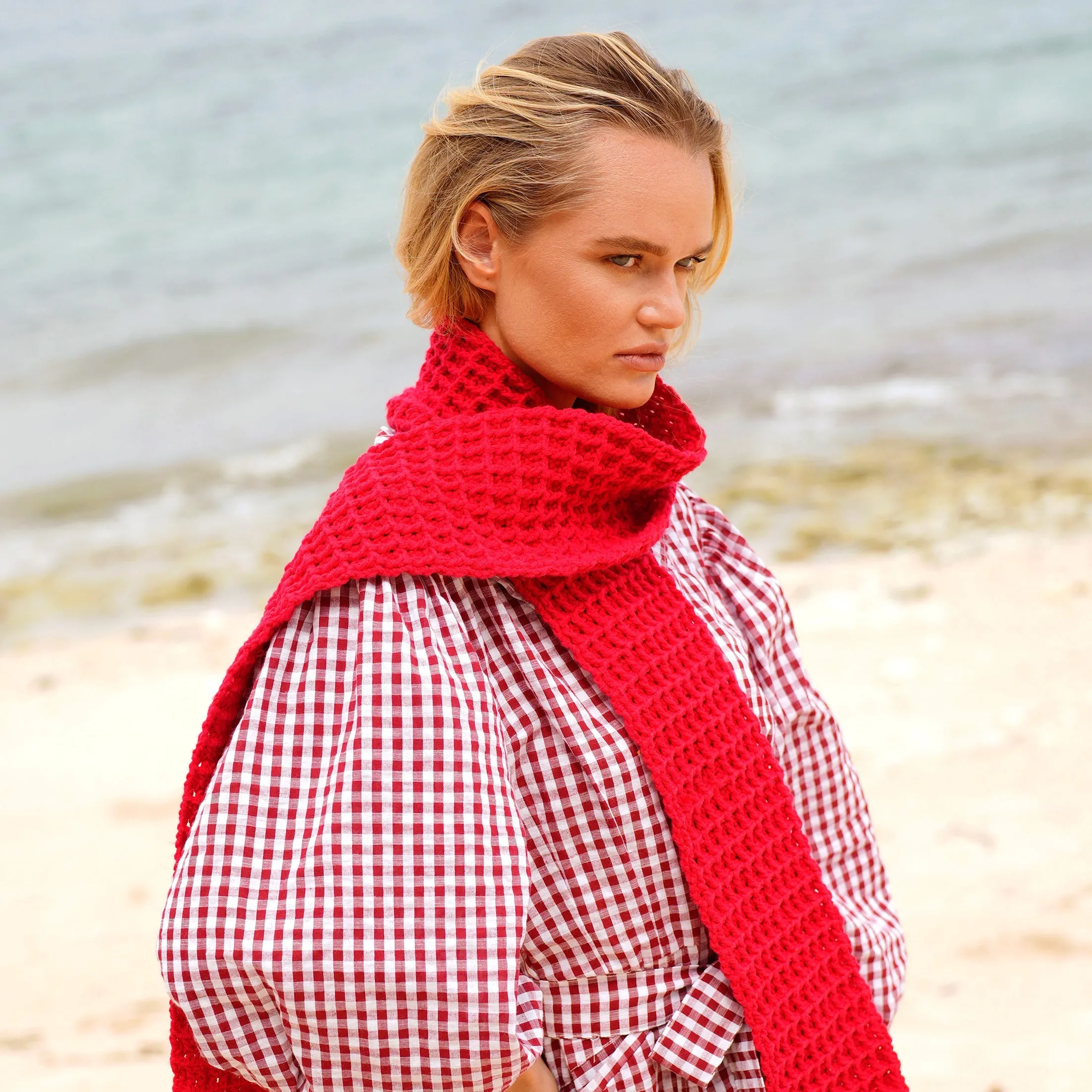 Waffle Crochet Scarf in Red