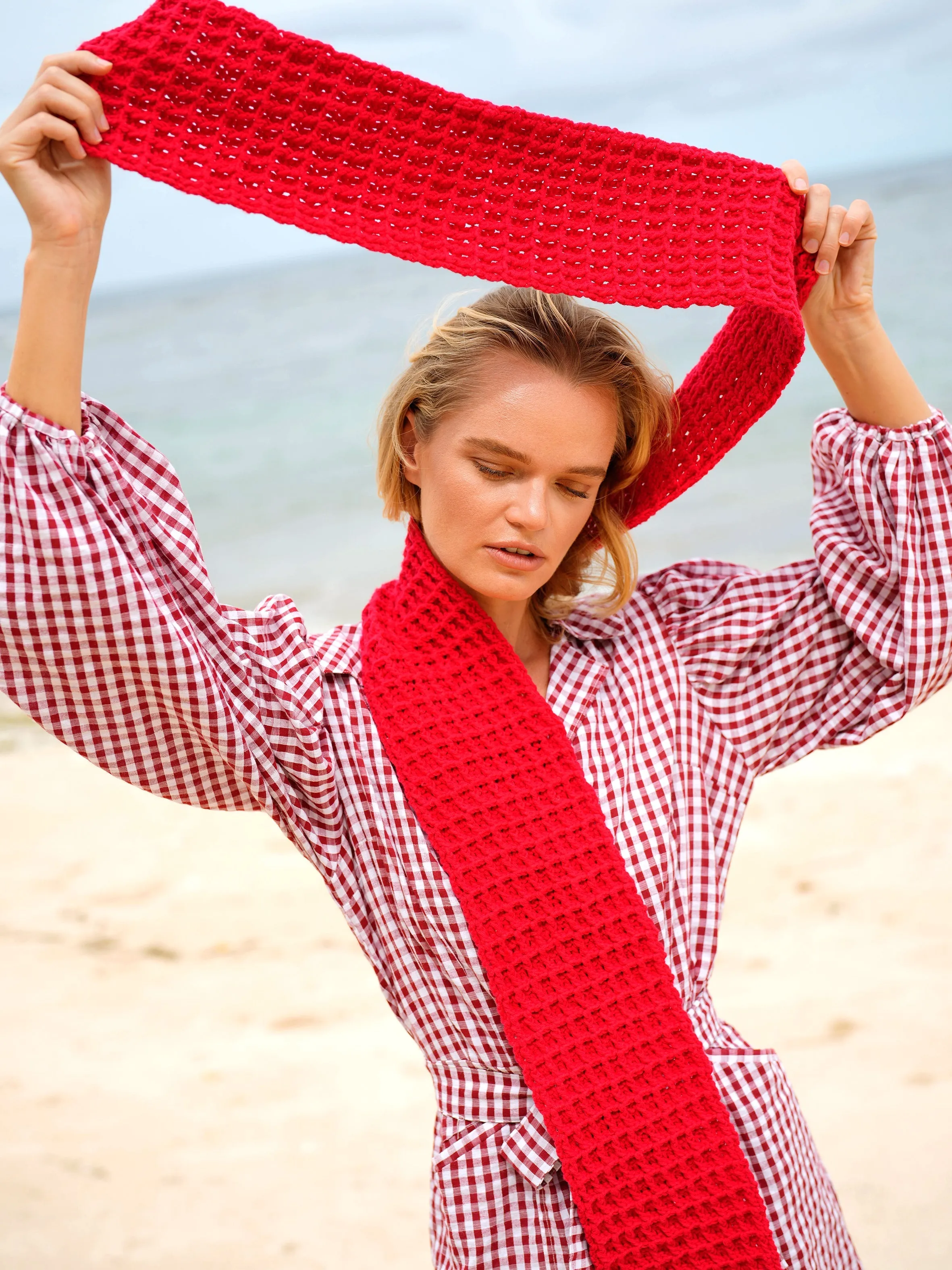 Waffle Crochet Scarf in Red