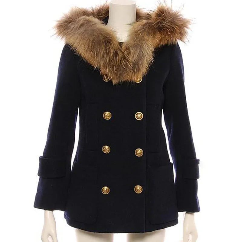 Women's Fashion Real Raccoon Fur Hooded Collar Winter Coat