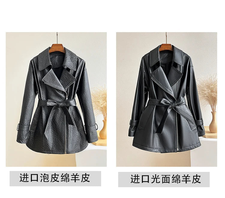 Women's Genuine Sheepskin Leather Adjustable Waist Trench Coat