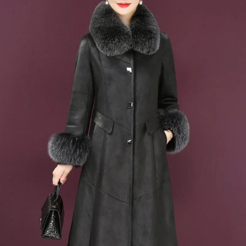 Women's Rex Rabbit Fur Collar Elegant Outwear Winter Long Coat