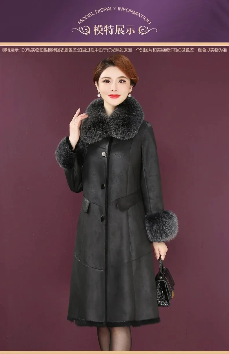 Women's Rex Rabbit Fur Collar Elegant Outwear Winter Long Coat