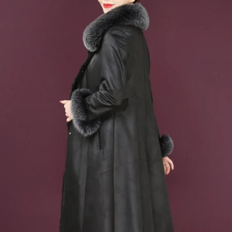 Women's Rex Rabbit Fur Collar Elegant Outwear Winter Long Coat