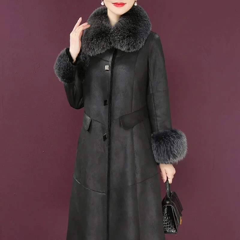 Women's Rex Rabbit Fur Collar Elegant Outwear Winter Long Coat