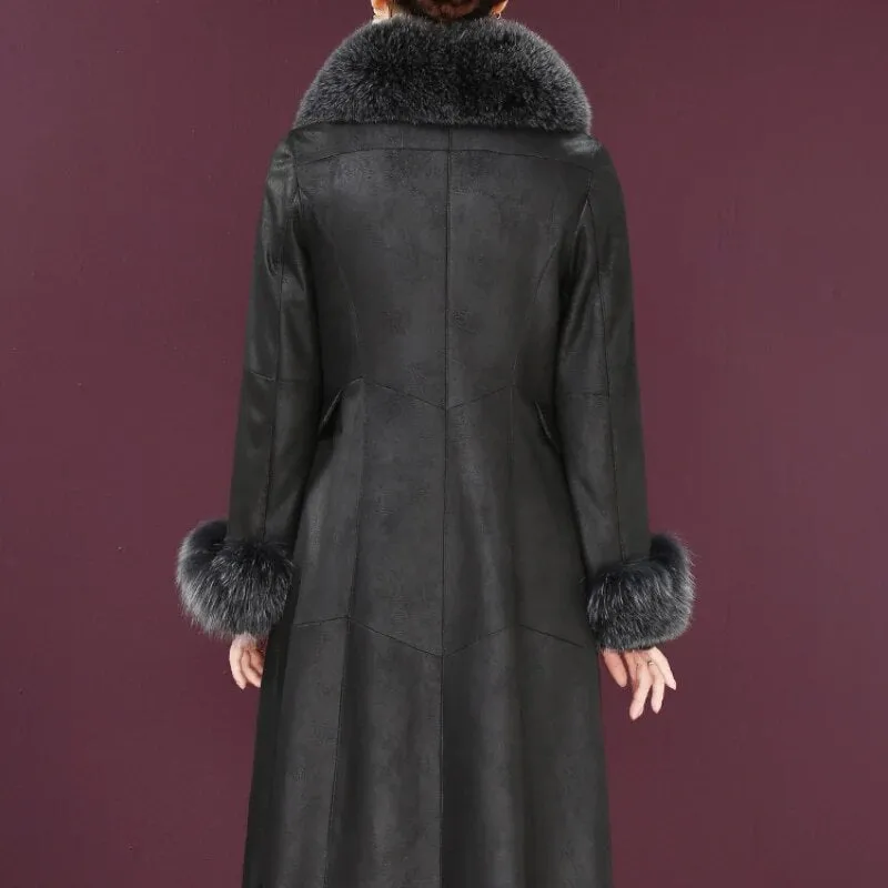 Women's Rex Rabbit Fur Collar Elegant Outwear Winter Long Coat