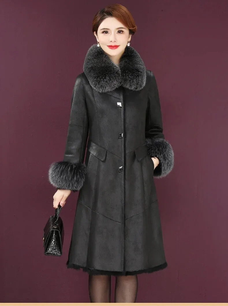 Women's Rex Rabbit Fur Collar Elegant Outwear Winter Long Coat