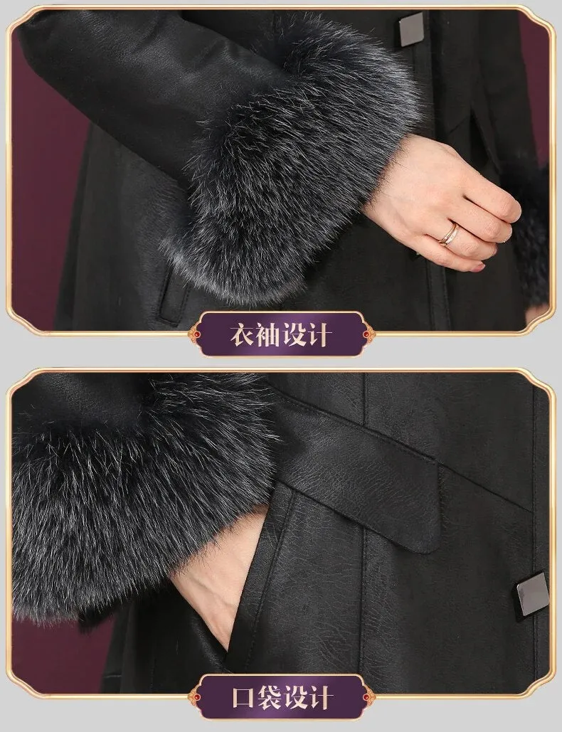 Women's Rex Rabbit Fur Collar Elegant Outwear Winter Long Coat