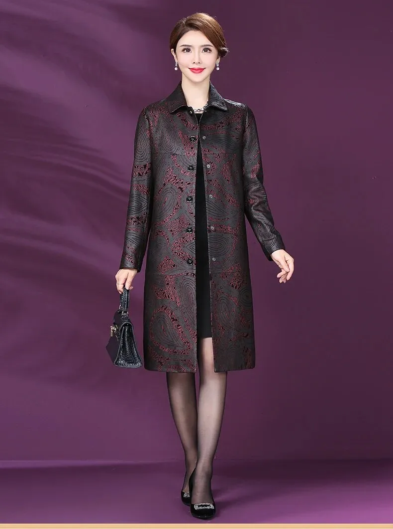 Women's Sheepskin Leather Loose Mid-length Printed Trench Coat