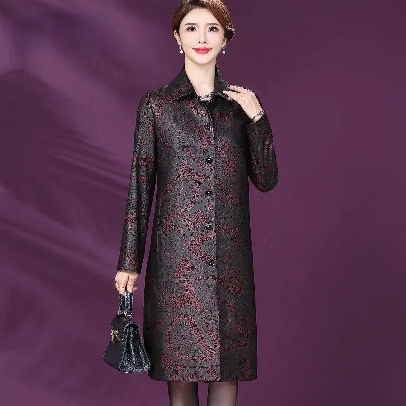 Women's Sheepskin Leather Loose Mid-length Printed Trench Coat