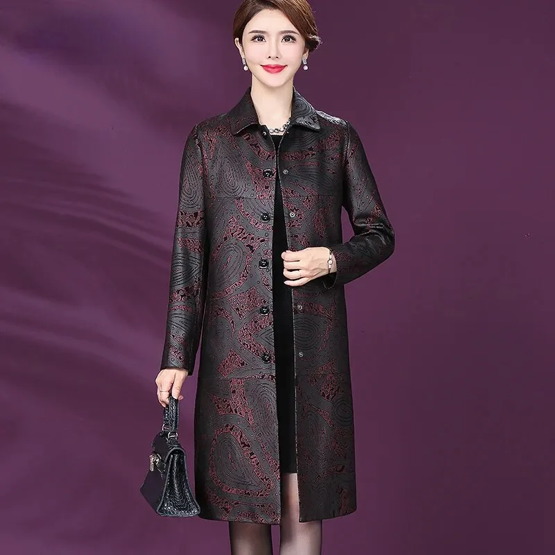 Women's Sheepskin Leather Loose Mid-length Printed Trench Coat