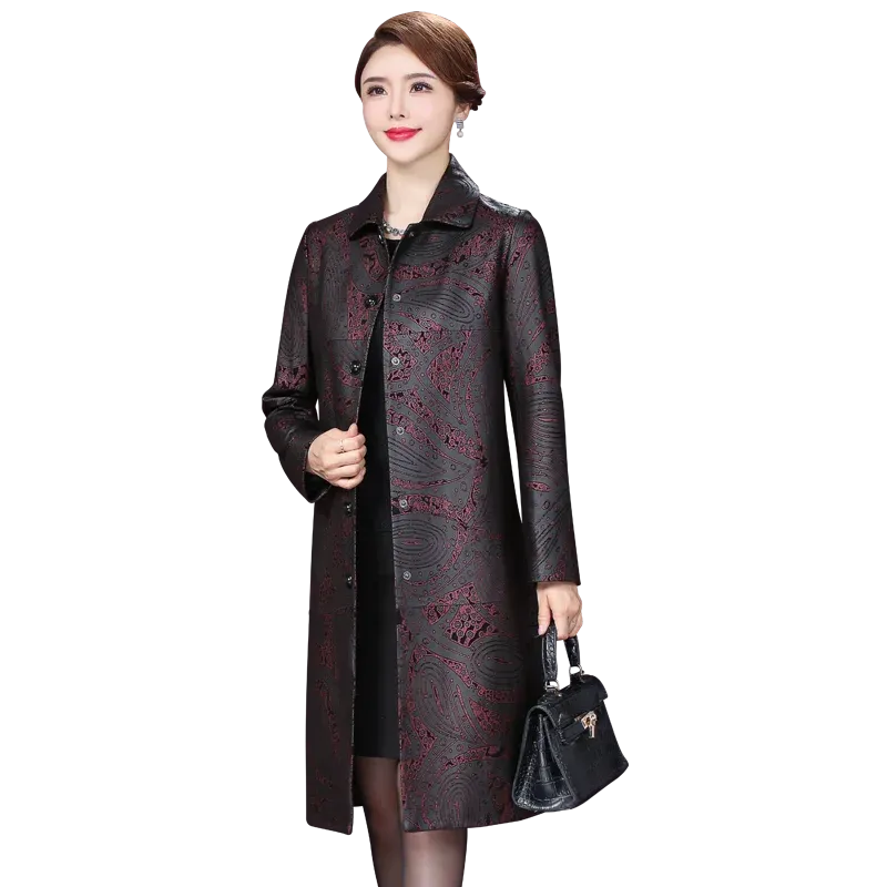 Women's Sheepskin Leather Loose Mid-length Printed Trench Coat