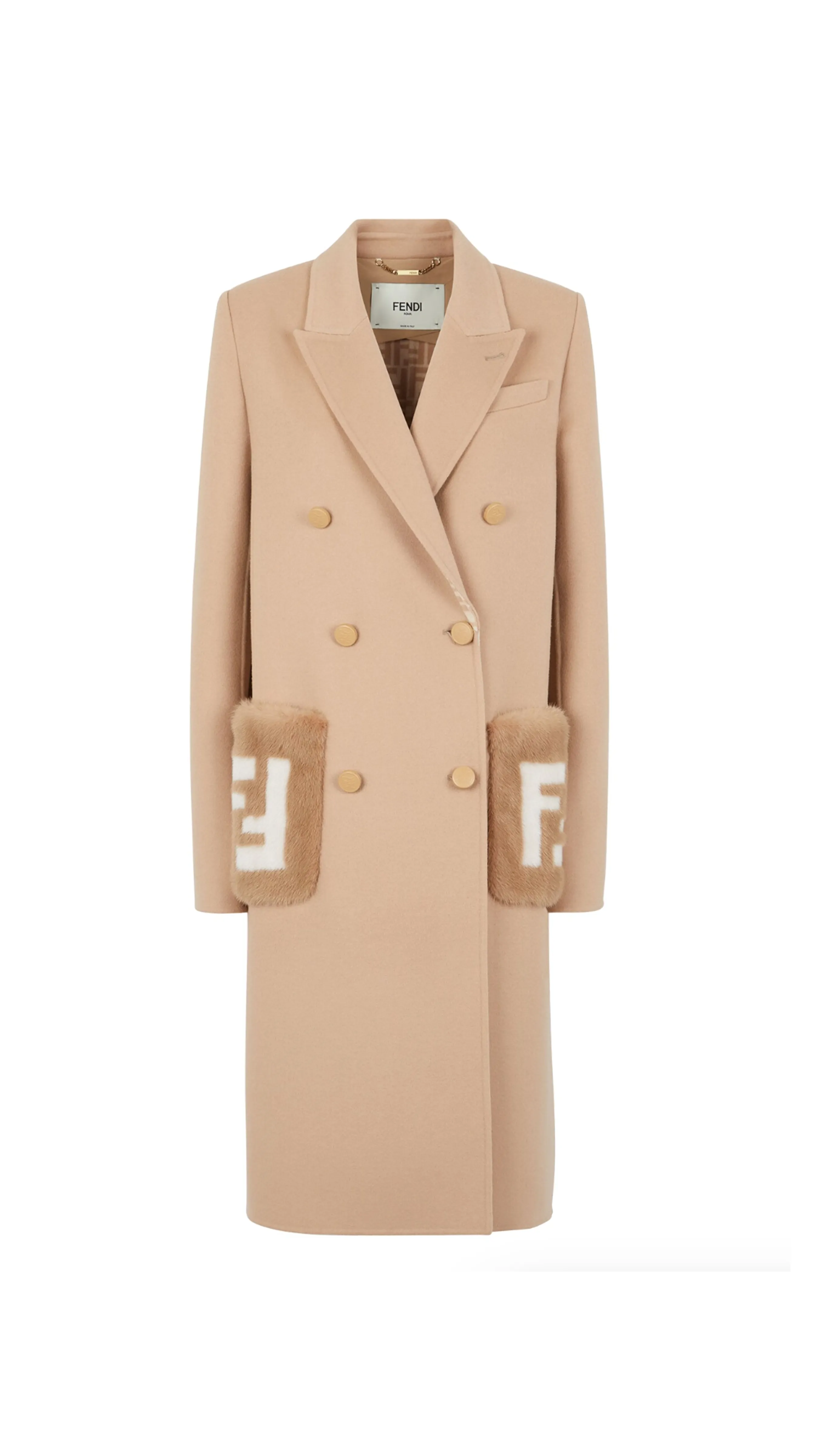 Wool Coat with FF Mink Pockets - Beige/White