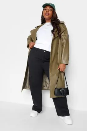 YOURS Curve Olive Green Faux Leather Trench Coat