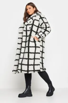 YOURS Curve White & Black Check Teddy Maxi Coat